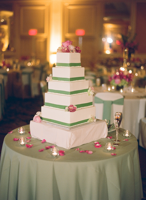 square tiered cake with green ribbon and pink floral details - sweet southern military style wedding photo by Charleston wedding photographer Virgil Bunao